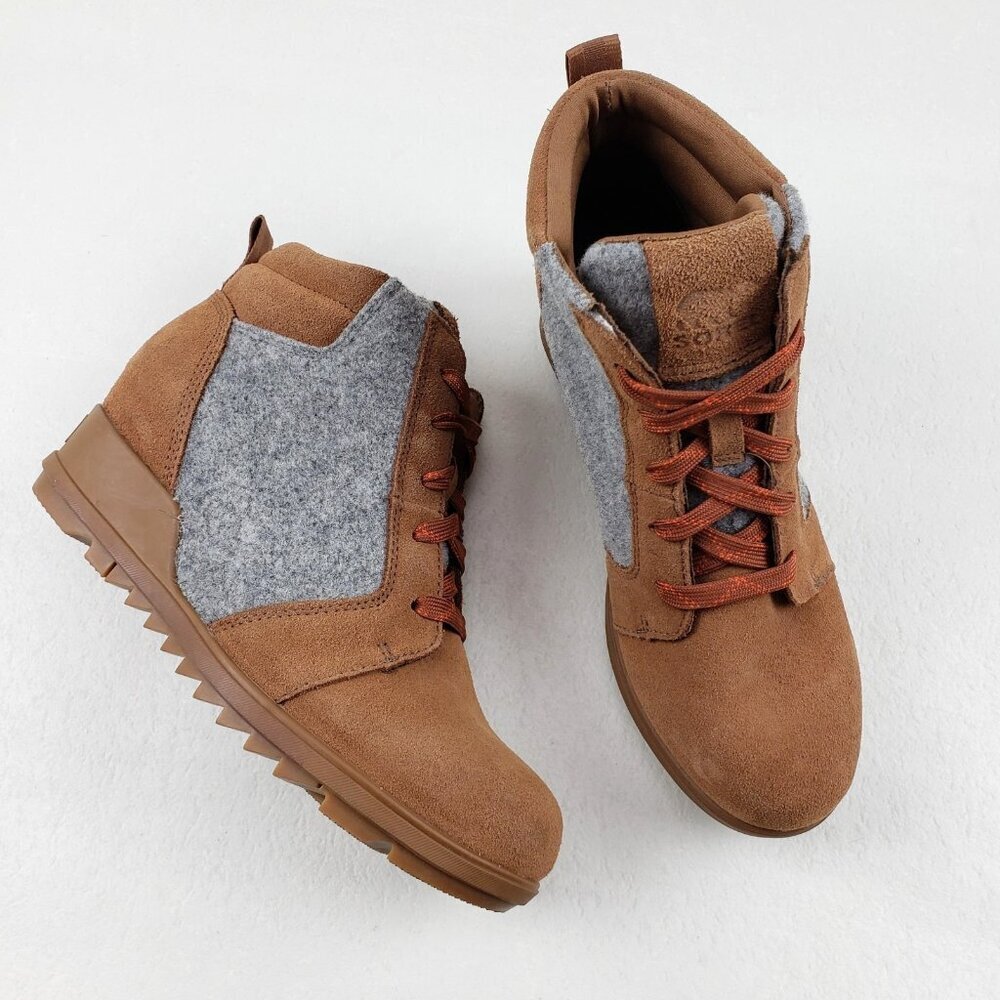 Sorel Evie Ankle Boot Womens 8 Brown Suede Hidden Wedge Heel Lace Up Waterproof